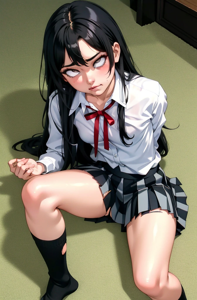 (full figure:1.1), 1 girl as yukino yukinoshita, absurdres, highres, solo, school uniform, small breasts, waist long black hair, (twintails:0.5), (pleated miniskirt:1.4), (black thighhigh socks:1.1), loose red ribbon, unbuttoned white shirt, (ahegao:1.5), (rolling eyes:1.5), (torn clothes:1.5), (naked breastss:1.2), spread legs,