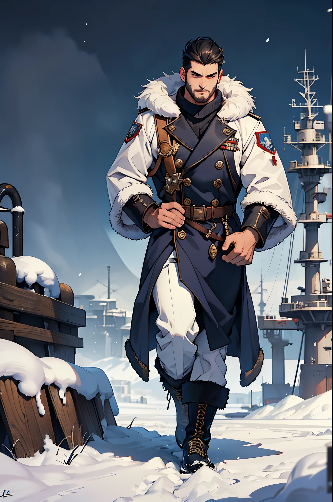 Warhammer, Navy officer, clothes with fur, boots with fur, raincoat with fur, Snow in the background, oil rig in the background, in the snowy tundra, Good Quality, nightfall, Young man, sideburns, Full-length