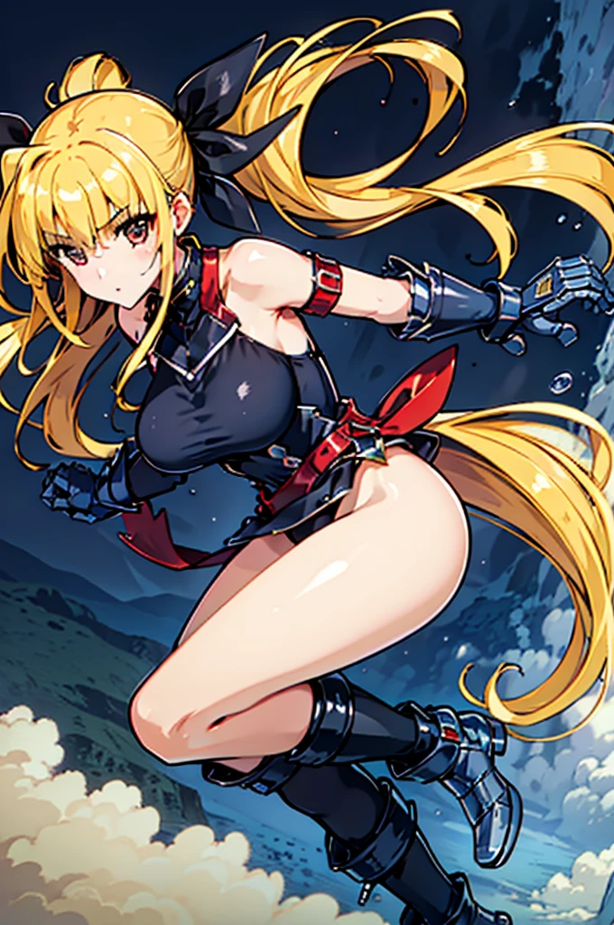masutepiece, Best Quality, 1girl in, (((Falling from the sky))), Flying, Solo, Long hair, Looking at Viewer, Bangs, Blonde hair, Large breasts, Red Eyes, gloves, bow ribbon, Bare shoulders, Very long hair, ヘアーbow ribbon, Ponytail, Leotard, 黒いbow ribbon, Red Belt, Floating hair, magical , gauntlets, Black Leotard, Low ponytail, Cool, Iron Boots, metal boots, black thighhighs, Magic, thunder,