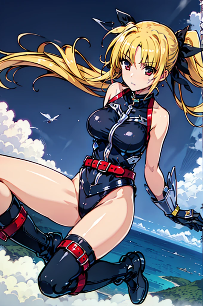 masutepiece, Best Quality, 1girl in, (((Falling from the sky))), Flying, Solo, Long hair, Looking at Viewer, Bangs, Blonde hair, Large breasts, Red Eyes, gloves, bow ribbon, Bare shoulders, Very long hair, ヘアーbow ribbon, Ponytail, Leotard, 黒いbow ribbon, Red Belt, Floating hair, magical , gauntlets, Black Leotard, Low ponytail, Cool, Iron Boots, metal boots, black thighhighs, Magic, thunder,