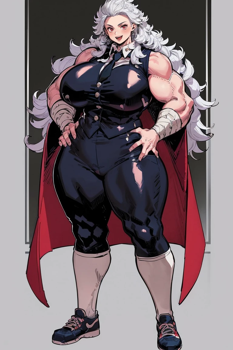 noi,  big breast,white boots, pants,cloak, musclegirl, standing,, smile, long hair, catedral, vest, portrait, full body, thick thighs, thick arms, wide hips,pants, large breast, huge breast,