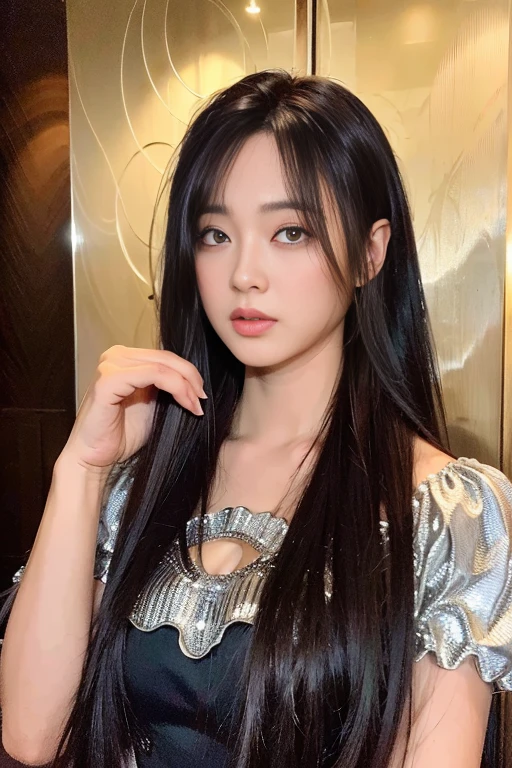 (Best Quality, 8k, 32k, Masterpiece, UHD: 1.2), Photo of a Beautiful Chinese Woman, A Woman: 1.5, (Detailed Face: 1.1), Simple Black Suit, Looking at the Viewer, (Full Body Photo: 1.6), Necklace, Dress Shirt, Smile, Lower Body Long Skirt, Slim Figure, Long Legs, High Heels: 1.4, (Tall Height: 1.6), Light in Eyes