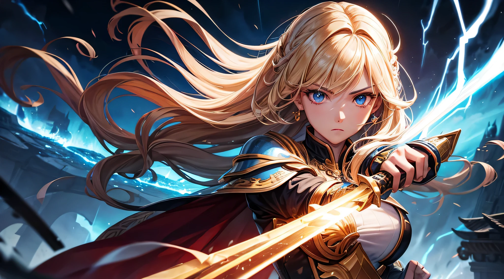 masutepiece,Best Quality,ultra-detailliert,1 female swordsman,upperbody shot,Fire Sword,Blonde hair,Long hair,Blue Eye,Straight hair,look at viewr,thunderstorm,palatial palace