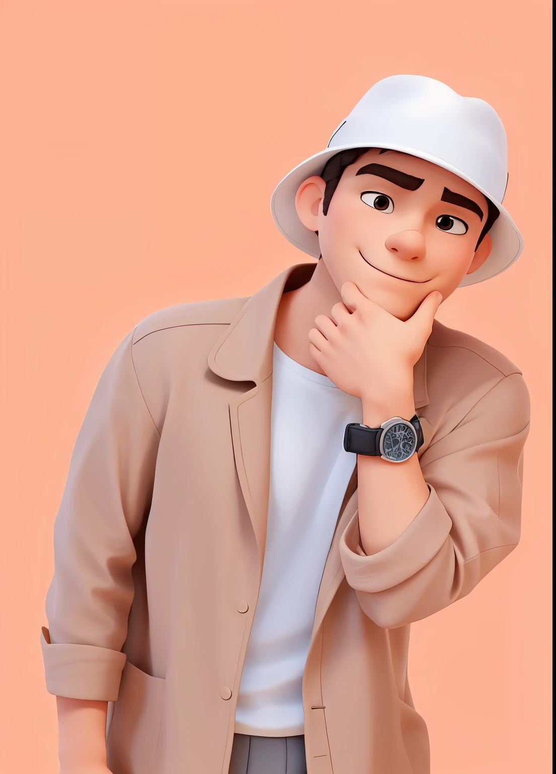 arafed man in a hat and a white shirt posing for a picture, mixed art, caracter with brown hat, photo style of shawn paul tan, wearing a watch, album art, wears a watch, realism art, mid shot portrait, portrait shot, he is wearing a hat, photoshoot, pastel', photo portrait, in front of an flat orange background. Disney Pixart Style, 3D render, 3D, 8K, blur background, cubby face style