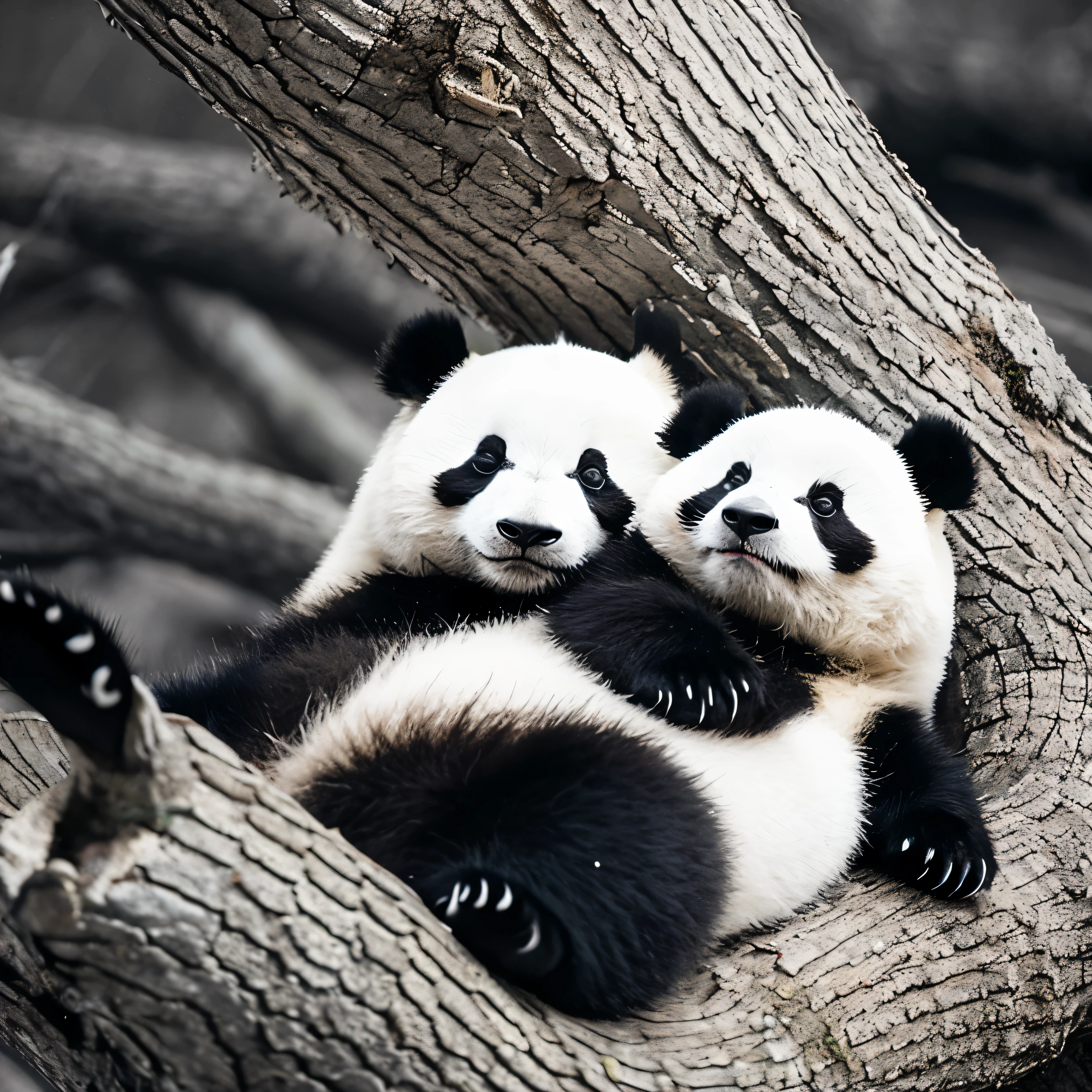 a panda Sleeping on a tree black-and-white