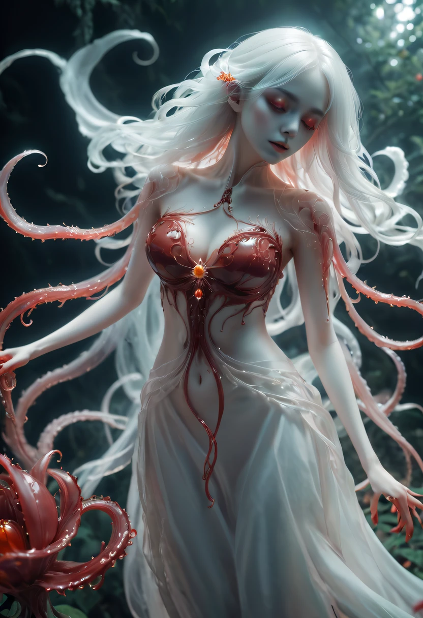 Magical plant from the abyss, the ghost flower, ghost flower,Blood-red tentacles stare at the dead,carismatic,Incredible,terror