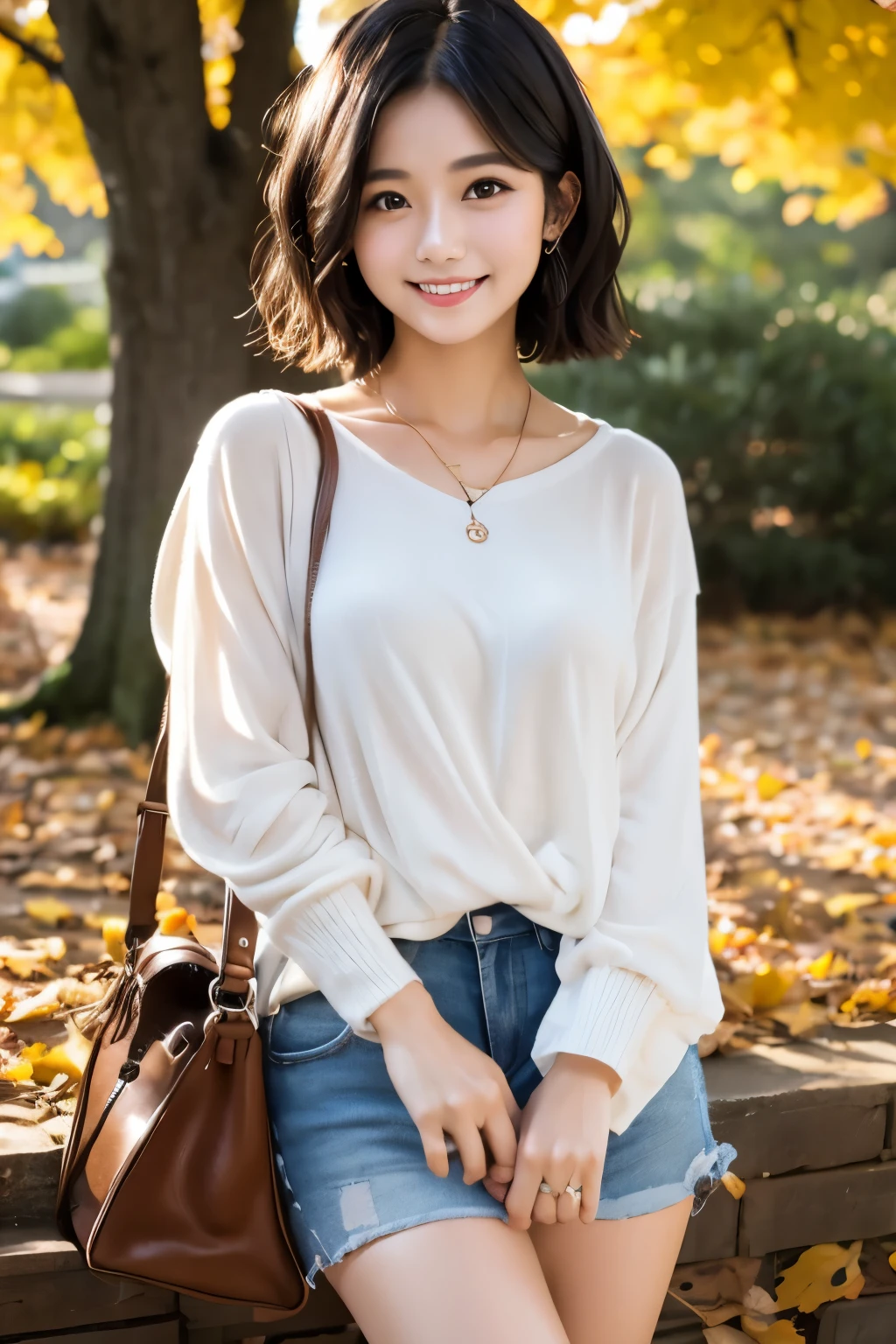 22year old(年轻)、Black Hair Bob、natural and light makeup、Autumn、Smiling expression、、Natural finish、For autumn leaves、Portrait image、cute little