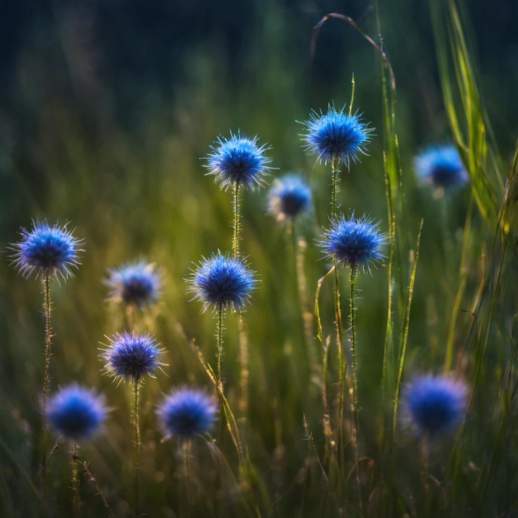 Macro photography, Evening time of the day, Close-up of magical plants in tall grass., Little magical neon flowers grow among the tall grass., small magical flowers look glassy and transparent and glow with a magical blue light., little magical plants are very beautiful, small magical plants have long thin leaves, which rise up and touch the glowing magic balls., Among the tall grass, fabulous magical plants with their own details, great depth of field, Hi-Def, Extremely realistic, Extremely detailed, cinematic treatment, HDR, Photorealistic, tmasterpiece
