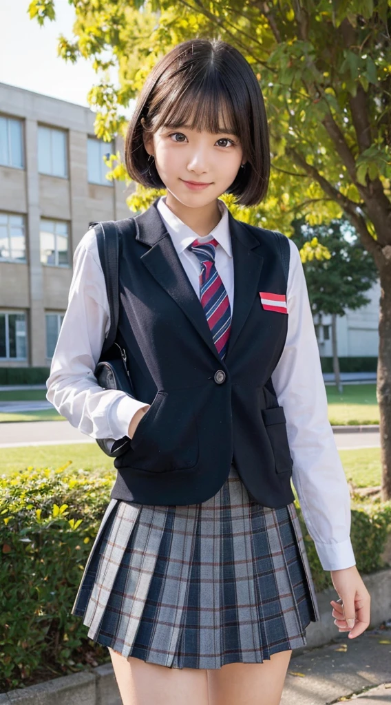 (top-quality,8K picture quality,​masterpiece:1.3),(超A high resolution,Photorealsitic:1.4,Raw photography),(ultra-detailliert,Caustics,Detailed background),(Ultra-realistic capture,Beautifully detailed skin,perfect anatomia),((Shoot the whole body from a distance))、at the sunset,Sunset sky,school buildings,school ground,18year old,kawaii,Single eyelid,Black hair short bob,((School Blazer Uniform))、((Bleated skirt))、Looking at the camera,A smile,Bust-up shot,natural soft light、Ribbon tie