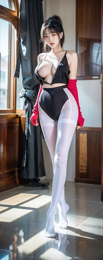 black uniforms，White ass pantyhose，White stockings，Thick white pantyhose，Thick white dancing socks，without wearing shoes，huge tit，Cocked buttocks，Super detail，hyper HD,A high resolution,1080p,Anatomically correct，ccurate，Physical coordination，Photo portrait，slender thigh，Delicatemakeup，Best quality, Masterpiece, 超A high resolution, RAW photo, Beautiful and aesthetic,deepshadow, (Photorealistic:1.4), full-body composition, Striking perspective.Naked