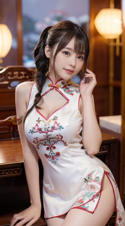 8K、Ultra-precise rendering、Photo Quality、 Top quality in many colors,photos realistic,Detailed eyes、intricate-detail,RAW photogr、((13yo girl、natural make up、sparkly eyes))、kawaii faces、A smile、Very white skin、round large chest、Beautiful valley,thin-waist、big butts、Gorgeous cheongsam,extra long hair,((poneyTail))cropped shoulders、delicated face,Expose cleavage,ornamented,Inside the palace,((A cheongsam dress with a very short miniskirt and deep cuts on the sides.、Elaborate and detailed embroidery all over the body,rhinestone))Sitting with your knees upright、Angle up to the knee、medium-full shot