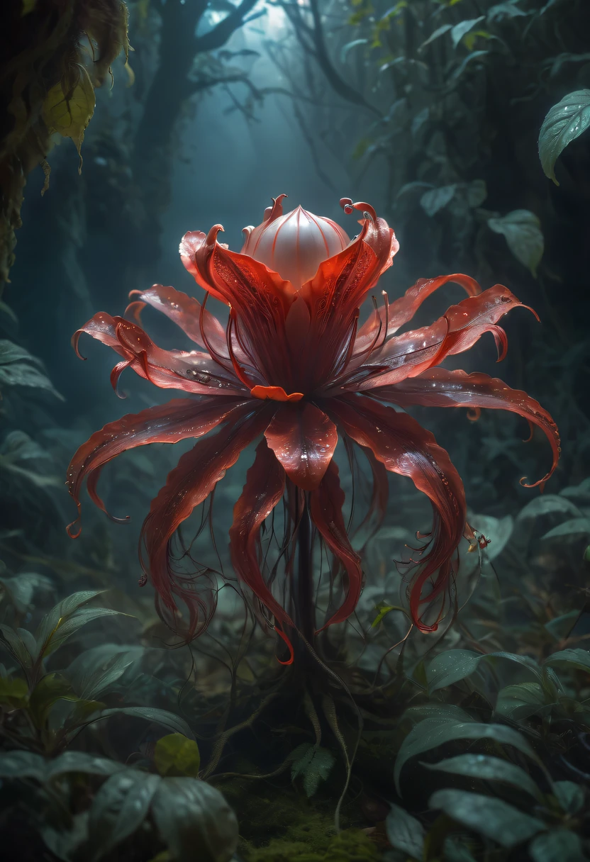 Magical plant from the abyss, the ghost flower, ghost flower,Blood-red tentacles stare at the dead，carismatic，Incredible，terror