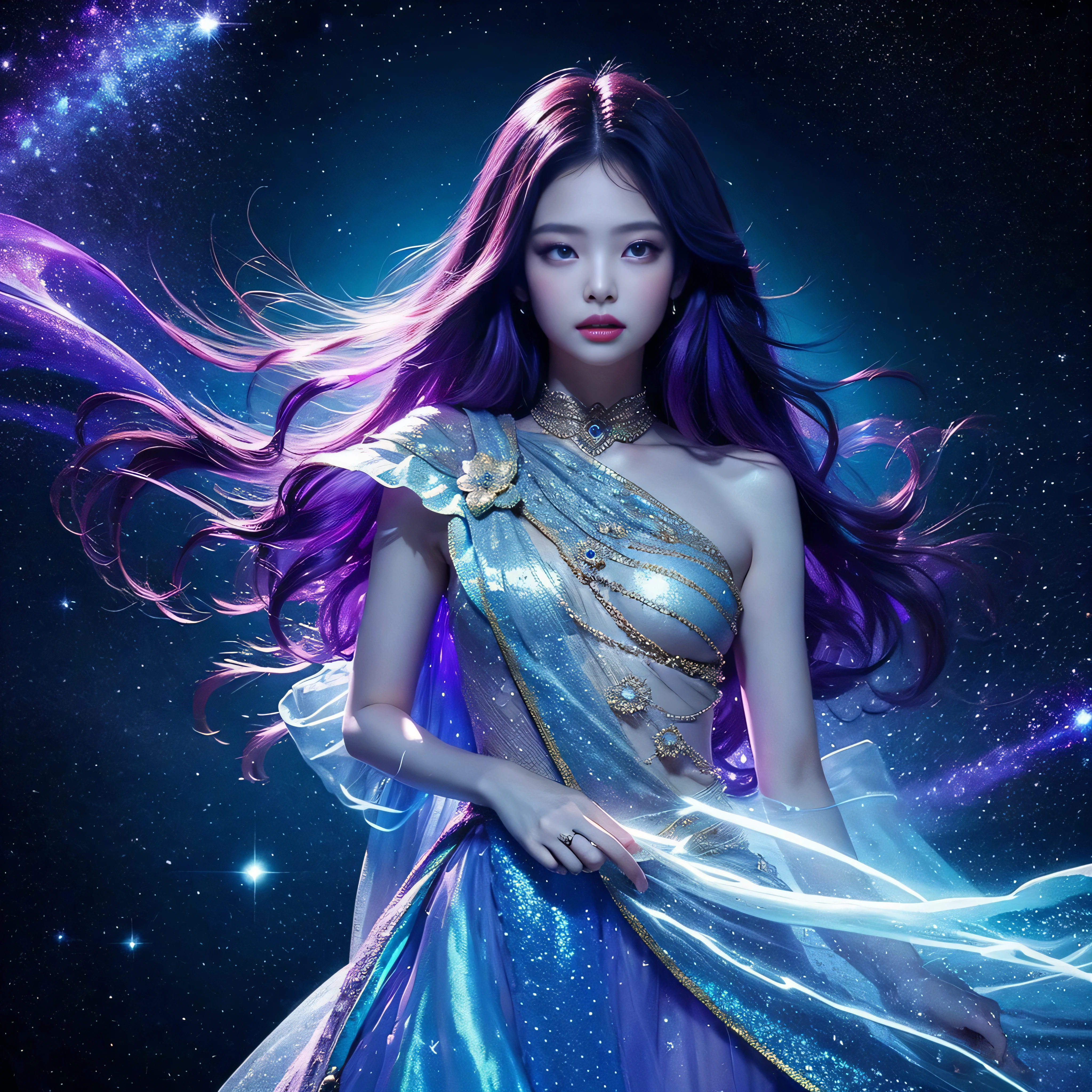 Background: Mysterious quantum environment, Cosmic elements and ethereal atmosphere，A mix of bright lights and colorful nebulae. Theme: A mysterious girl with a magical aura. She has long, Colorful wavy curls, The shiny hair stands out. His eyes are deep and expressive, Reflection Universe. She wore a flowing dress in purple and blue, With intricate details and mysterious textures. Color Palette: A combination of mysterious shades such as cosmic purple, Sky blue, Soft pink and a touch of gold. Create contrasts, Increase depth, Dark color, Such as dark purple or night blue. Aesthetics: The aesthetic combines elements of Mistycore, Known for its mysterious and ethereal atmosphere, and crystal cores, With its crystal clarity and sparkling details. The girl exudes magical energy，Her presence hangs over her，mesmerising. Covered with: Keep subtle glowing effects and glitter overlays around the girl, Covered with: Add a soft glow effect around the girl and crystal, It seems to exude magic. Also, Add small details of flash，Enhance the ethereal atmosphere. Jennie Kim,