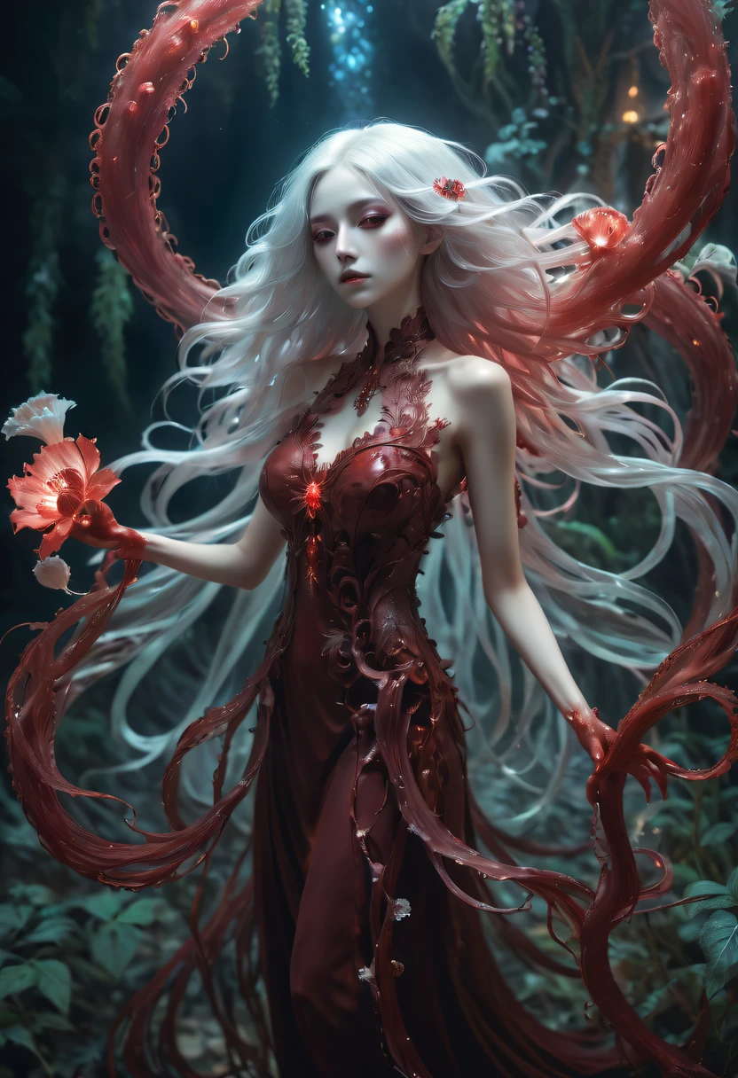 Magical plant from the abyss, the ghost flower, ghost flower,Blood-red tentacles stare at the dead，carismatic，Incredible，terror