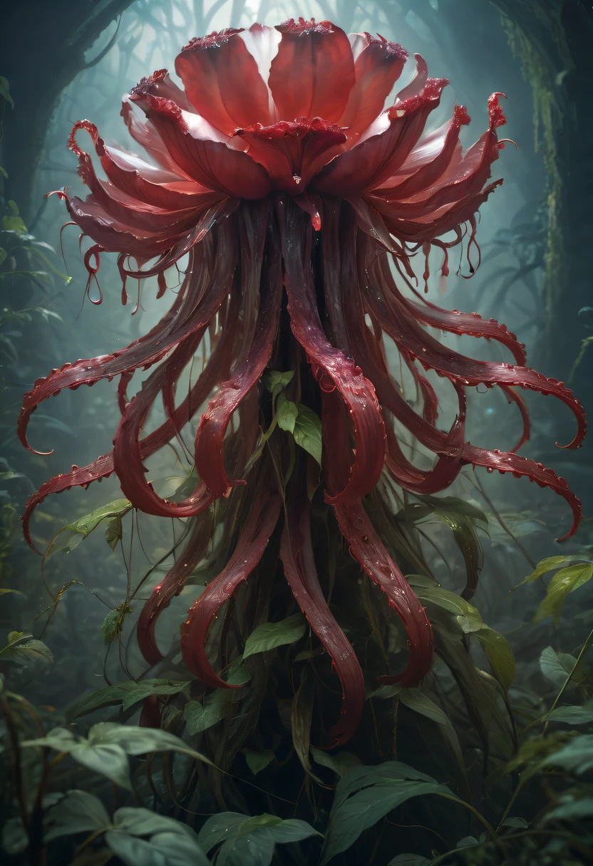 Magical plant from the abyss, the ghost flower, ghost flower,Blood-red tentacles stare at the dead，carismatic，Incredible，terror