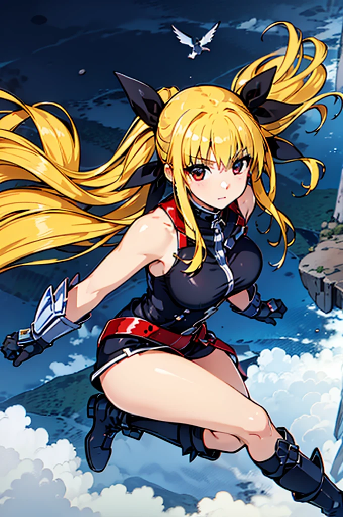 masutepiece, Best Quality, 1girl in, (((Falling from the sky))), Flying, Solo, Long hair, Looking at Viewer, Bangs, Blonde hair, Large breasts, Red Eyes, gloves, bow ribbon, Bare shoulders, Very long hair, ヘアーbow ribbon, Ponytail, Leotard, 黒いbow ribbon, Red Belt, Floating hair, magical , gauntlets, Black Leotard, Low ponytail, Cool, Iron Boots, metal boots, black thighhighs, Magic, thunder,