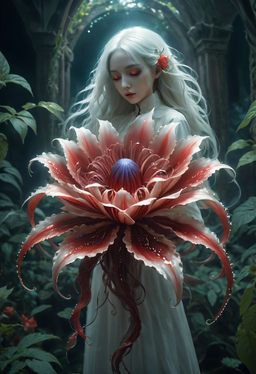 Magical plant from the abyss, the ghost flower, ghost flower,Blood-red tentacles stare at the dead，carismatic，Incredible，terror