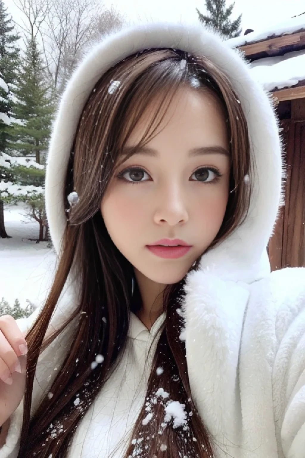 (A hyper-realistic), (hight resolution), (8K), (ighly detailed),  (beatiful detailed eyes), (top-quality), (ultra-detailliert), (​masterpiece), (詳細なfaces), selfee、faces、emma watson soft focus、Colossal tits、japanes、snowscape、Down jacket、Wearing a fur hood、my hair fits perfectly in my hood.|.It's snowing