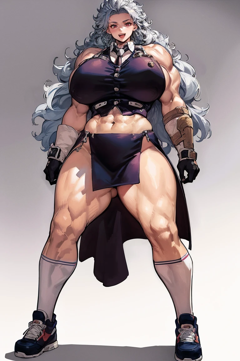 noi, big breast,white boots, pants,cloak, musclegirl, standing,, smile, long hair, catedral, vest, portrait, full body, thick thighs, thick arms, wide hips,pants, large breast, huge breast,boots