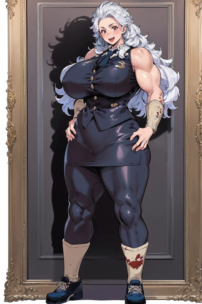 noi, big breast,white boots, pants,cloak, musclegirl, standing,, smile, long hair, catedral, vest, portrait, full body, thick thighs, thick arms, wide hips,pants, large breast, huge breast,boots