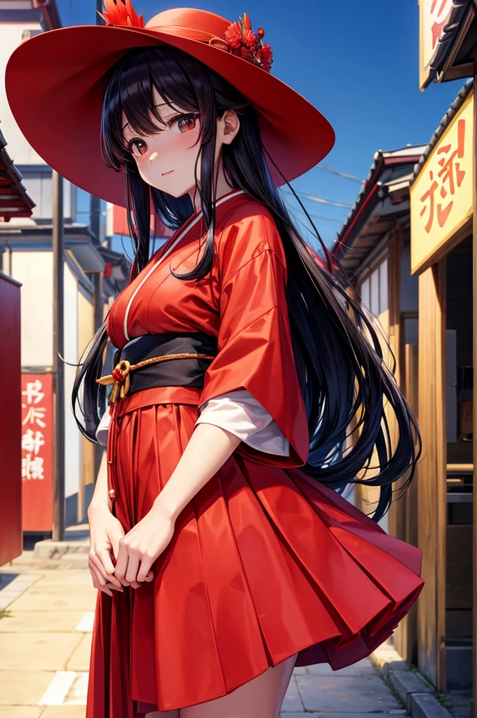 Japanese residential area at sunset、A large bright red wide-brimmed hat、wearing a bright red dress、A tall woman with long black hair、Have a flyer