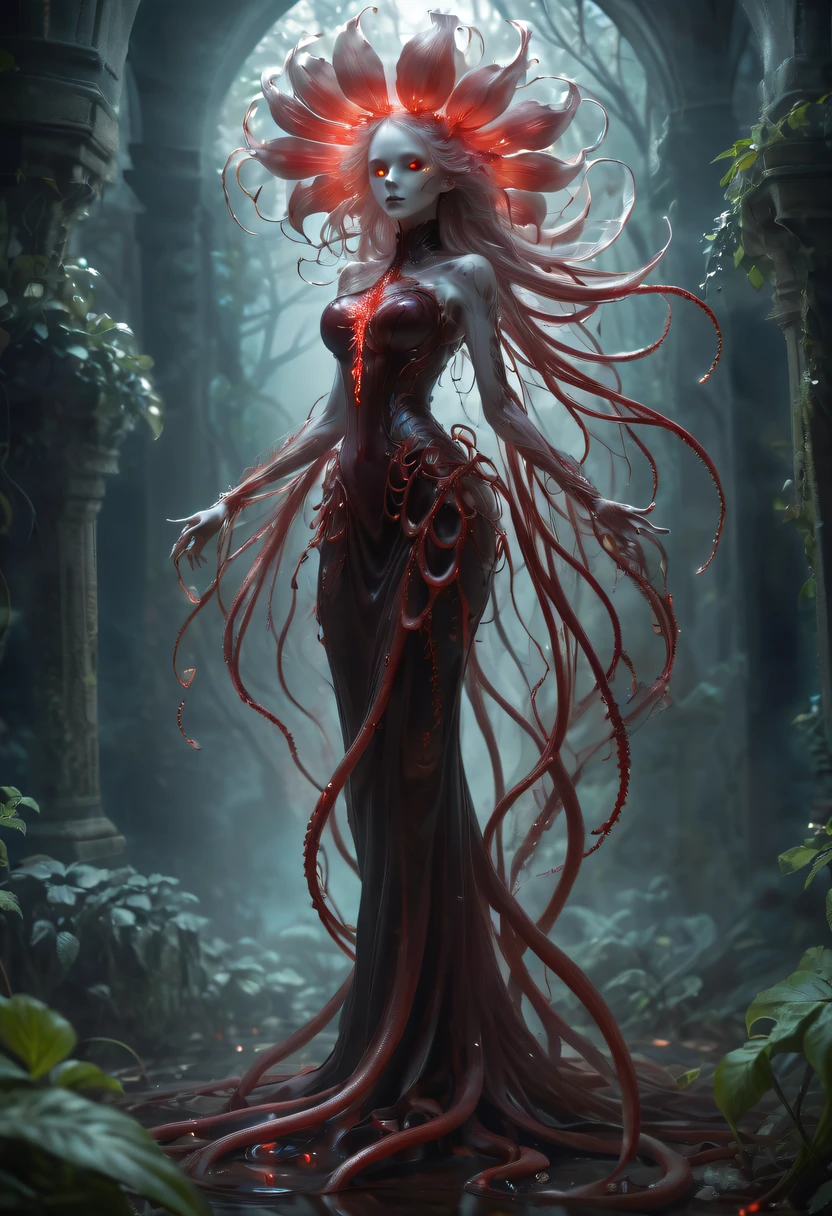 Magical plant from the abyss, the ghost flower, ghost flower,Blood-red tentacles stare at the dead,carismatic,Incredible,terror