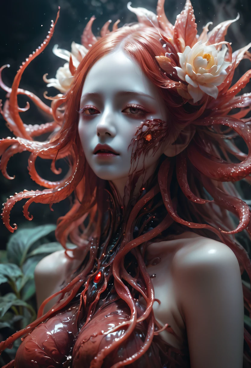 Magical plant from the abyss, the ghost flower, ghost flower,Blood-red tentacles stare at the dead,carismatic,Incredible,terror