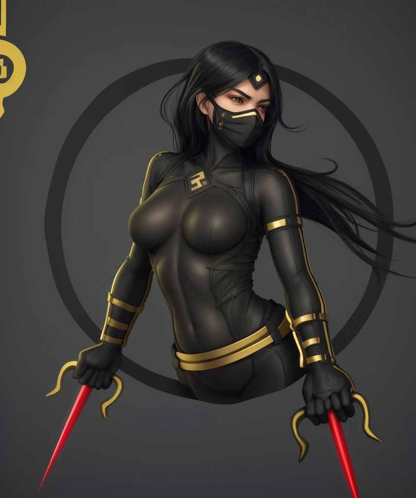 3D, realistic ninja girl,half face mask,human,sharp,high quality,high res, beautiful girl,black ninja suit with green,gold designs,long black hair:1.4 with streaks of striking red:0.4