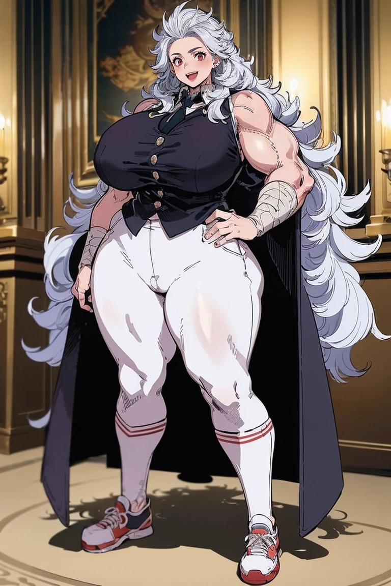 noi, big ??????,white boots, pants,cloak, musclegirl, standing,, smile, long hair, catedral, vest, portrait, full body, thick thighs, thick arms, wide ????,pants, large ??????, ???????????,