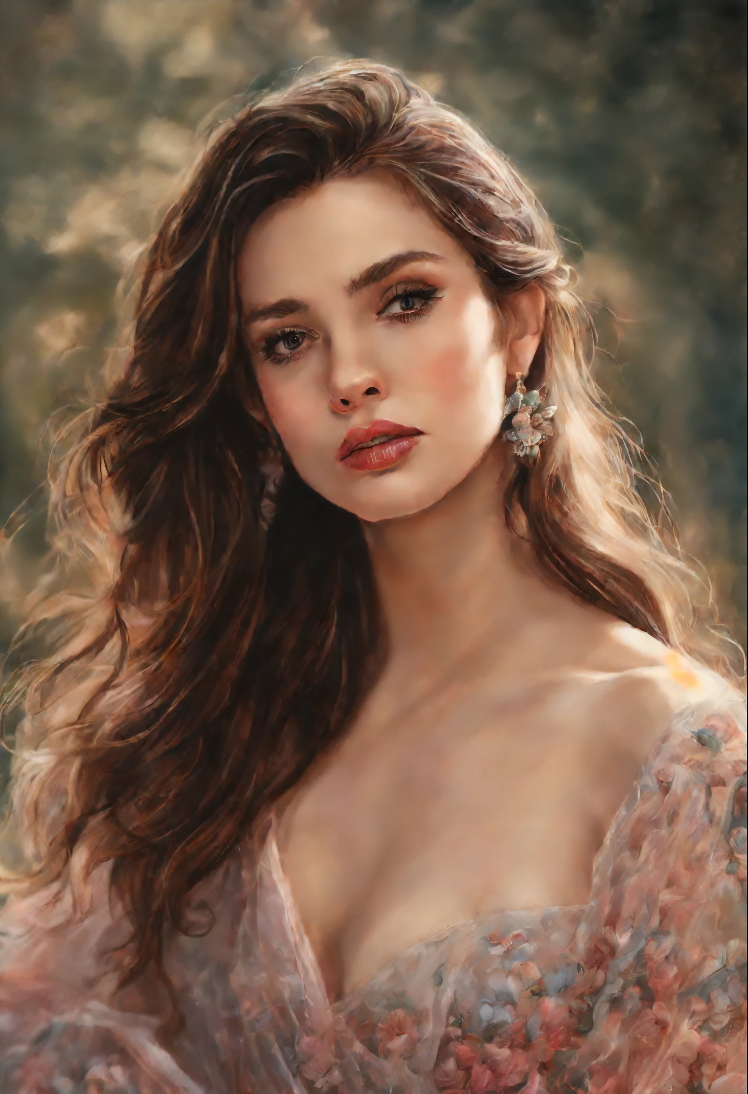 (best quality, high resolution, photo-realistic:1.2), detailed lips, painting, realistic, depth, pastel colors, natural shading, focus on the face, only the face, viewer's perspective, long flowing hair, hair accessories, black hair, brown and detailed eyes, dress
