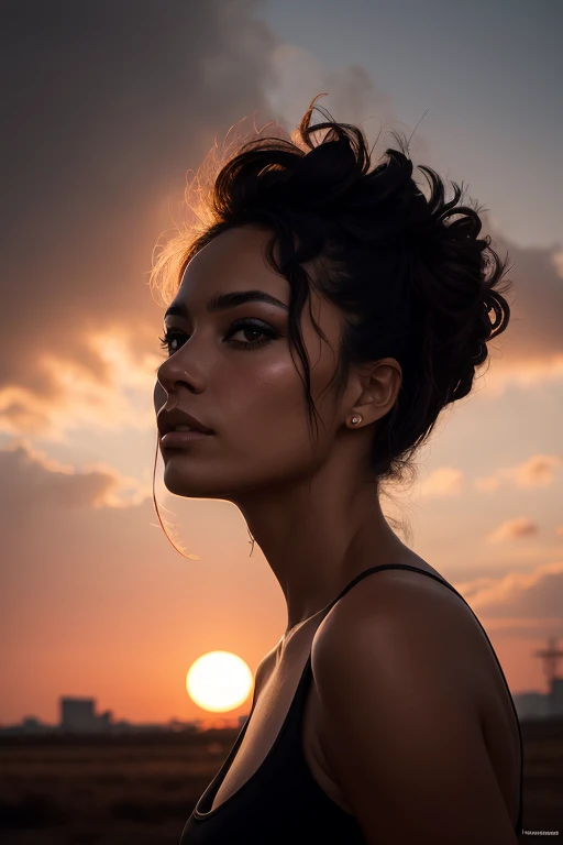 Photographie brute, Photo réaliste de ((femme noire sensuelle)), (visage détaillé), coucher de soleil, en sueur, post-apocalyptique, cheveux longs, photoréaliste, photo, chef-d&#39;œuvre, Réaliste, réalisme, photoréalisme , contraste élevé, tendance de l&#39;Art numérique photoréaliste sur Artstation 8k HD haute definition Détailée Réaliste, Détailée, texture de la peau, hyper détaillé, texture de peau réaliste, Armure, Meilleure qualité, Ultra haute résolution, (photoréaliste: 1.4), Haute résolution, Détailée, Photo brute, Sharp re, Par Lee Jeffries Nikon D850 Film Stock Photographie 4 Kodak Portra 400 Appareil photo F1.6 lentilles riches couleurs texture hyper réaliste éclairage dramatique Unrealengine tendance sur ArtStation Cinestill 800, sexy avec un crop de reve