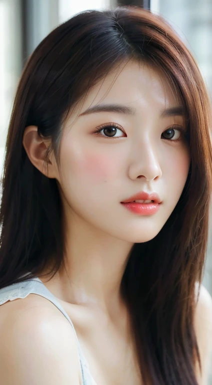 close-up of woman, Realistic. cheng yi, beautiful Korean women, Sexy figure like a gravure idol , girl with, central, full bodyesbian, perfect fingers、length hair , gorgeous faces , 韓国人のgirl with, hightqualityのポートレート, Beautiful delicate face, Photorealistic beautiful face, Beautiful young Korean woman, beautiful realistic face, Cute delicate face,cute-fine-face , curly hair, subjective perspective, Retro Flare, f/2.2, 200mm, Leica, UHD, retinas, masterpiece, exquisite, tre anatomically correct, Skin texture, super detailing, high detal, hightquality, 最hightquality, hight resolution, 1080P, HD, 4K, 8k,