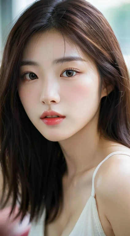 close-up of woman, Realistic. cheng yi, beautiful Korean women, Sexy figure like a gravure idol , girl with, central, full bodyesbian, perfect fingers、length hair , gorgeous faces , 韓国人のgirl with, hightqualityのポートレート, Beautiful delicate face, Photorealistic beautiful face, Beautiful young Korean woman, beautiful realistic face, Cute delicate face,cute-fine-face , curly hair, subjective perspective, Retro Flare, f/2.2, 200mm, Leica, UHD, retinas, masterpiece, exquisite, tre anatomically correct, Skin texture, super detailing, high detal, hightquality, 最hightquality, hight resolution, 1080P, HD, 4K, 8k,