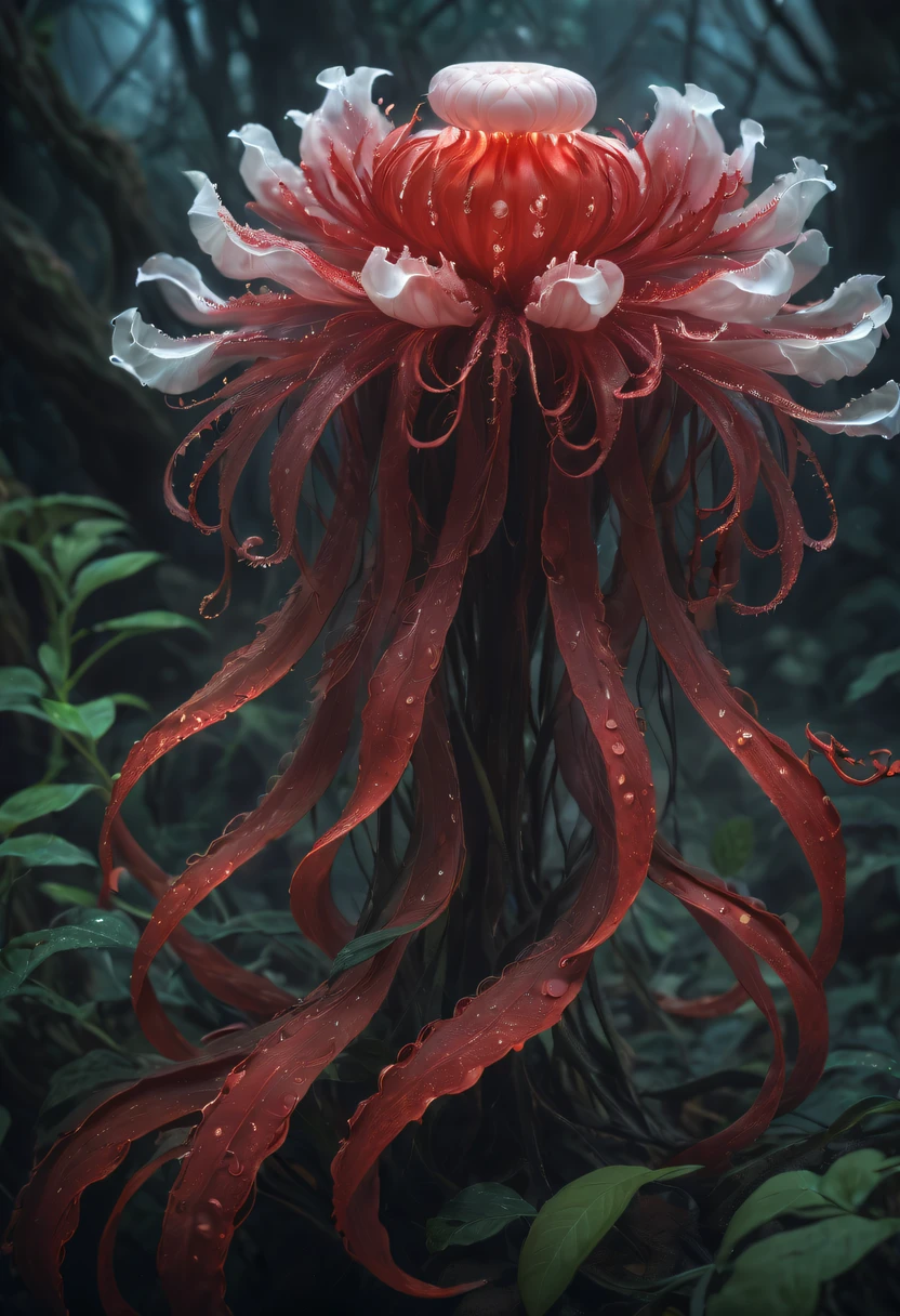 Magical plant from the abyss, the ghost flower, ghost flower,Blood-red tentacles stare at the dead，carismatic，Incredible，terror