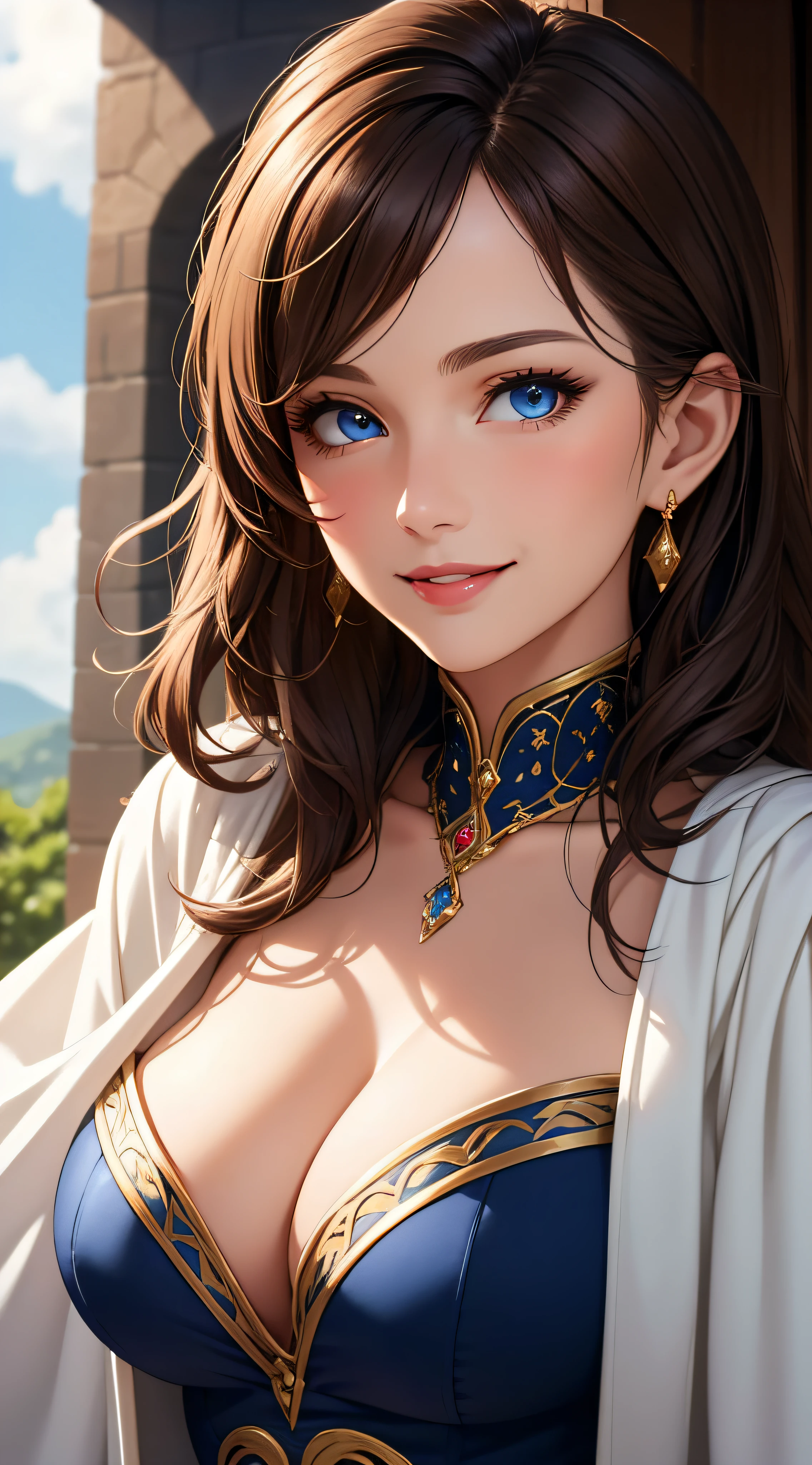 masterpiece, best quality), intricate details, beautiful 30 year old woman, Brown hair, pale skin, blue eyes, sharp jawline, sexy royal robes, pretty lips, upper body, close up, smile, big breasts, cleavage, wizard tower setting,