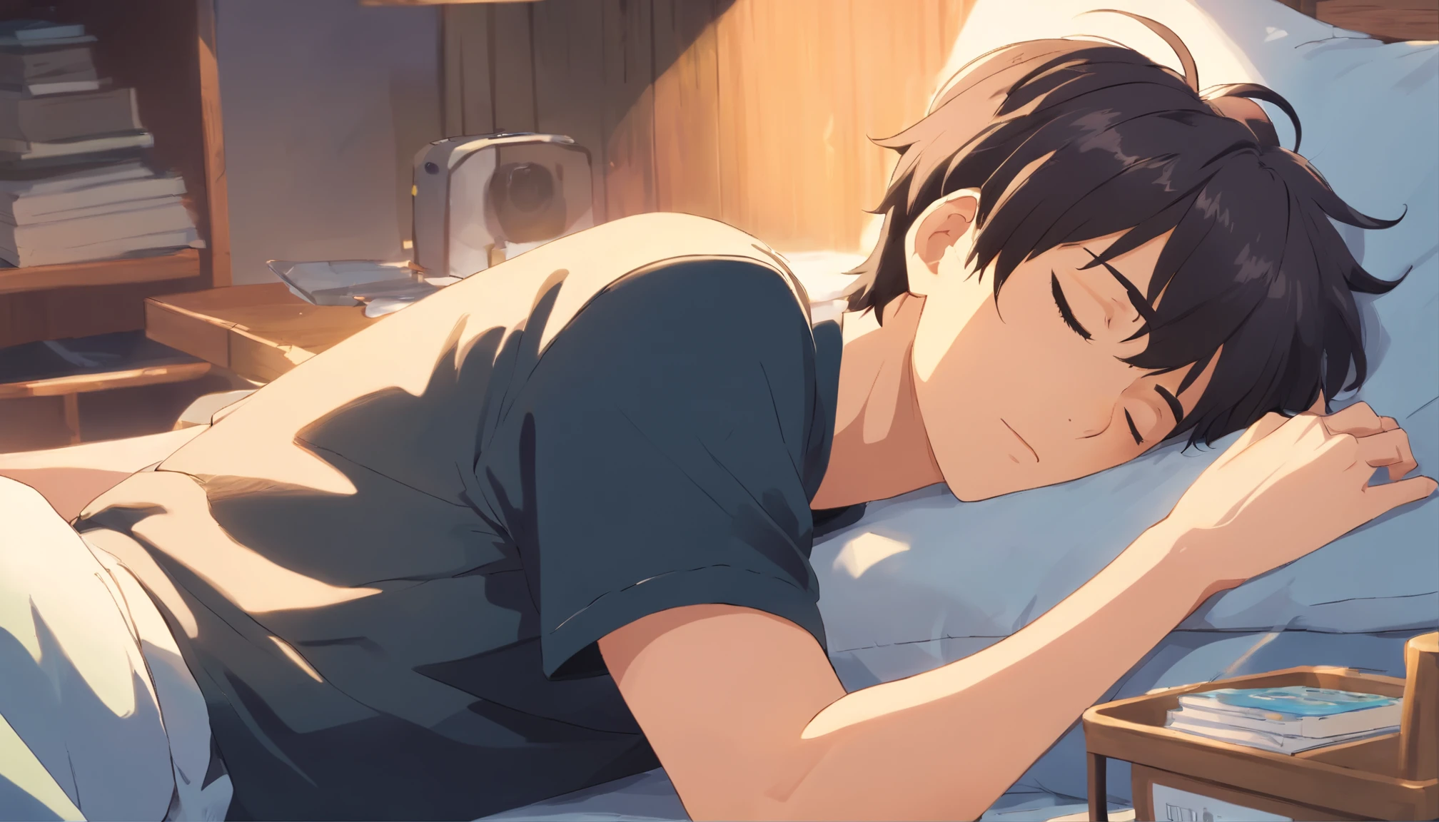 (Best Quality, Movie Poster Style) Sleeping, Handsome man wearing a black shirt, Eyes closed, Short-haired, Sunny