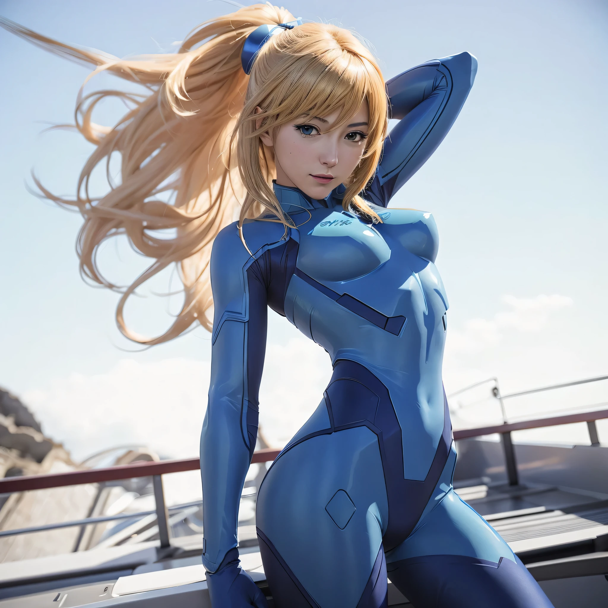 anime girl in blue costume pose on a bateau avec ses soutiens-gorge derrière la tête, zero suit samus, samus aran combinaison bioorganique variable, samus aran fanart, samus aran, Portrait de la belle Samus Aran, samus, I advanced Art d'Digital Anime, combinaison variable, Zenkai du corps entier! Costume Asuka, femme invisible, Art d’Digital Anime