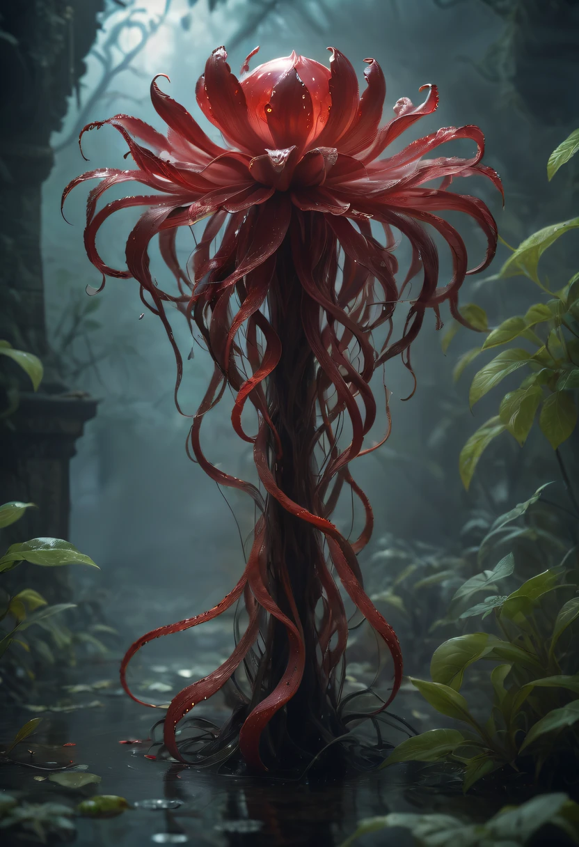 Magical plant from the abyss, the ghost flower, ghost flower,Blood-red tentacles stare at the dead，carismatic，Incredible，terror