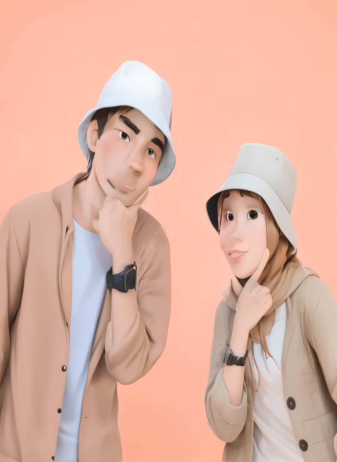 they are posing for a picture with a hat on, color portrait, caracter with brown hat, couple pose, couple, peach and goma style, portrait of two people, lovely couple, 2 people, potrait, in front of an orange background, bucket hat, hijab girl, casual photography, couple portrait, photoshoot, high quality portrait, wearing hat, protrait, photo portrait, Disney Pixart Style, 3D render, 3D, 8K, blur background, cubby face style