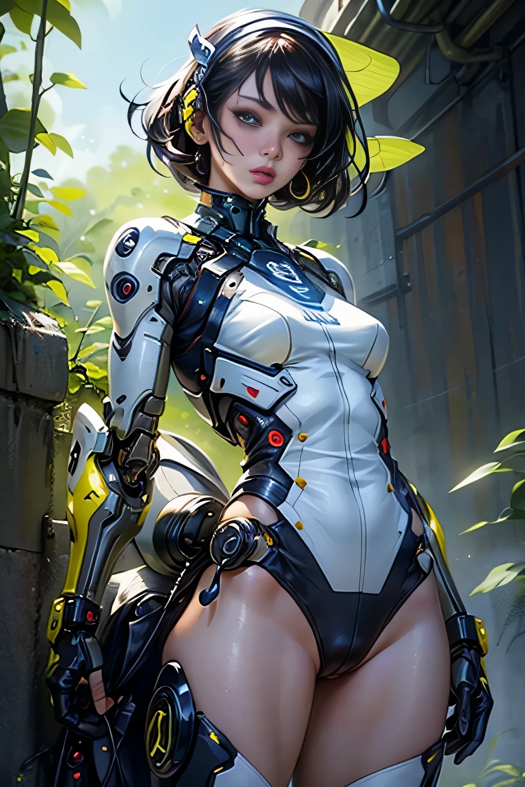 1womanl, Mature, 美丽的面容, big eye, (Choppy), (cybernetic body parts), Headgear, Short underwear, Cowboy Shot, (Background with: futuristic cyberspace battlefield), (depth of fields), masterpiece, Realistic, impossible details, top-quality
