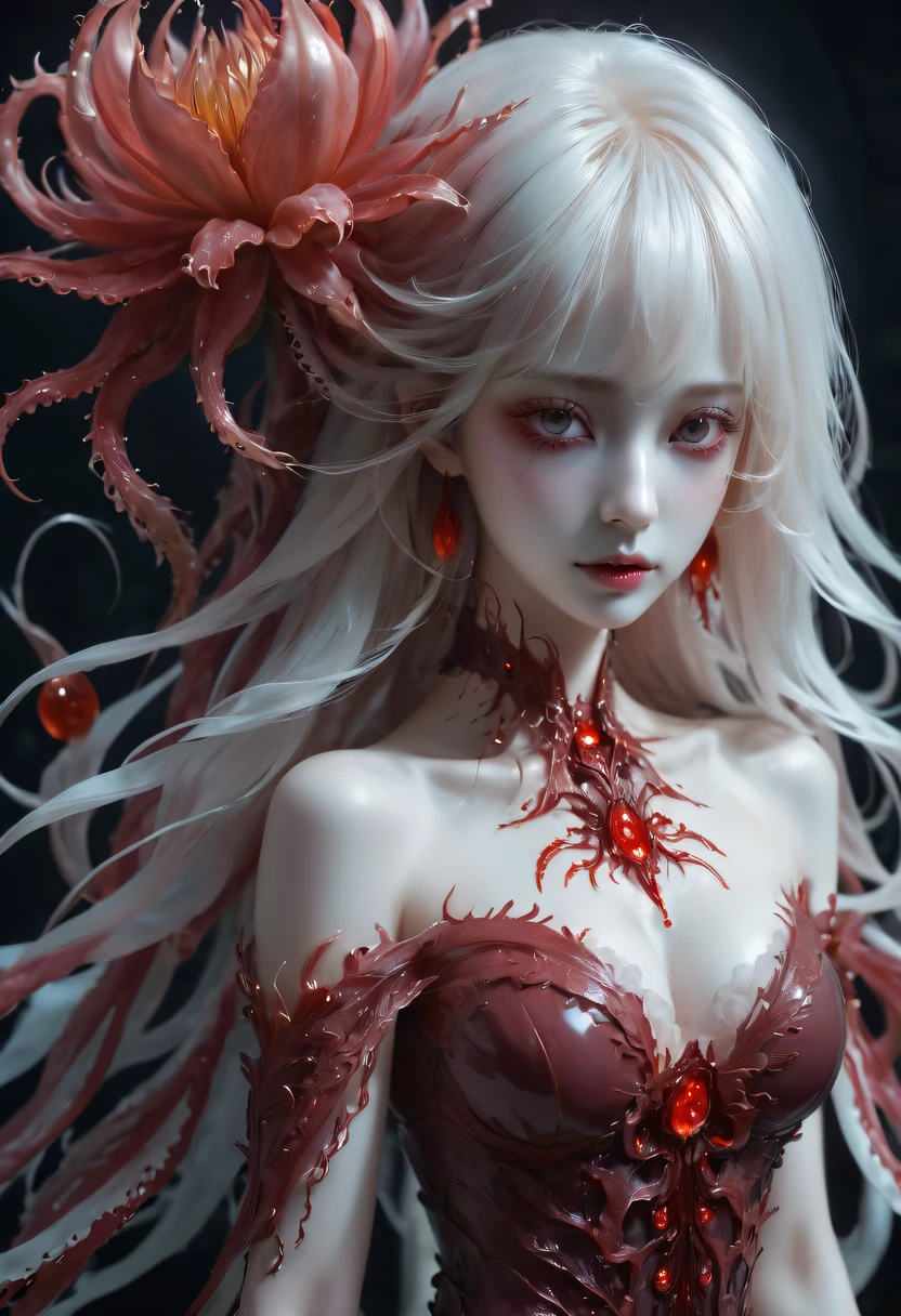 Magical plant from the abyss, the ghost flower, ghost flower,Blood-red tentacles stare at the dead,carismatic,Incredible,terror