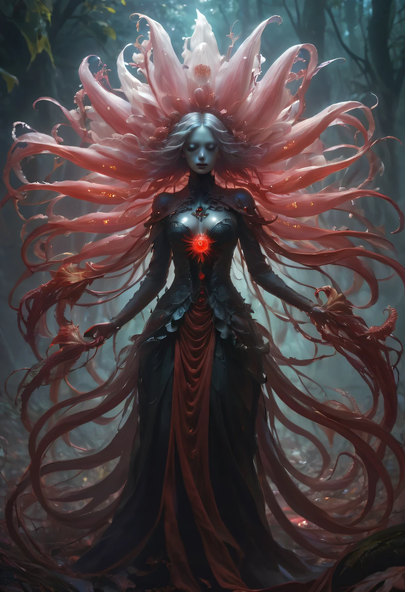 Magical plant from the abyss, the ghost flower, ghost flower,Blood-red tentacles stare at the dead，carismatic，Incredible，terror