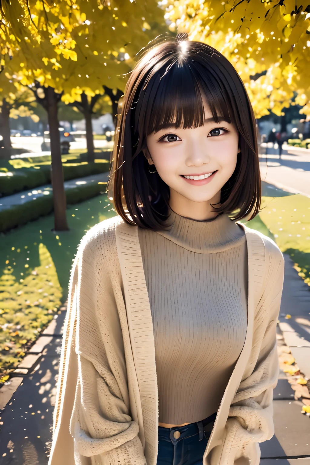 22year old（年轻）、Black Hair Bob、natural and light makeup、Autumn、Smiling expression、、Natural finish、For autumn leaves、Portrait image、cute little