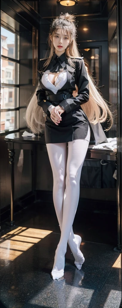black uniforms，White ass pantyhose，White stockings，Thick white pantyhose，Thick white dancing socks，without wearing shoes，huge tit，Cocked buttocks，Super detail，hyper HD,A high resolution,1080p,Anatomically correct，ccurate，Physical coordination，Photo portrait，slender thigh，Delicatemakeup，Best quality, Masterpiece, 超A high resolution, RAW photo, Beautiful and aesthetic,deepshadow, (Photorealistic:1.4), full-body composition, Striking perspective.Naked
