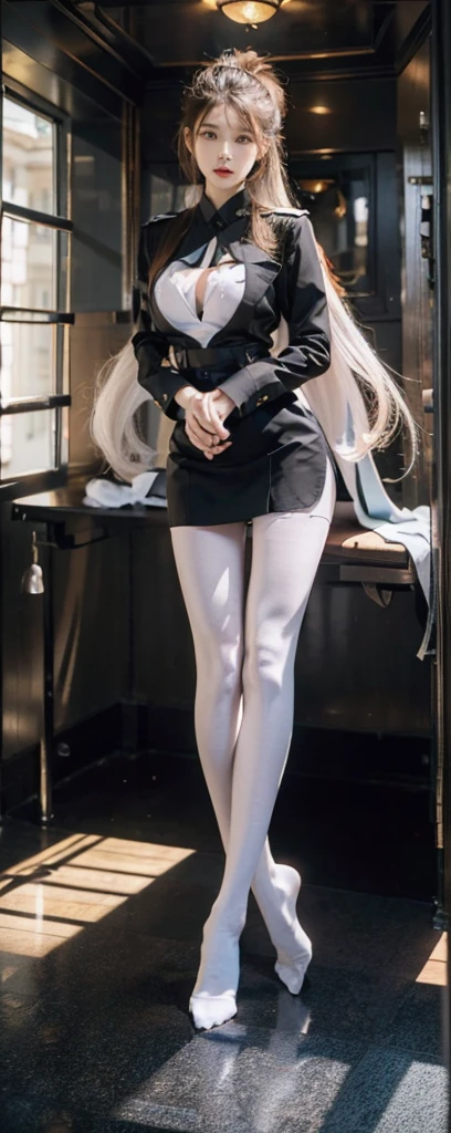 black uniforms,White ass pantyhose,White stockings,Thick white pantyhose,Thick white dancing socks,without wearing shoes,huge tit,Cocked buttocks,Super detail,hyper HD,A high resolution,1080p,Anatomically correct,ccurate,Physical coordination,Photo portrait,slender thigh,Delicatemakeup,Best quality, Masterpiece, 超A high resolution, RAW photo, Beautiful and aesthetic,deepshadow, (Photorealistic:1.4), full-body composition, Striking perspective.Naked