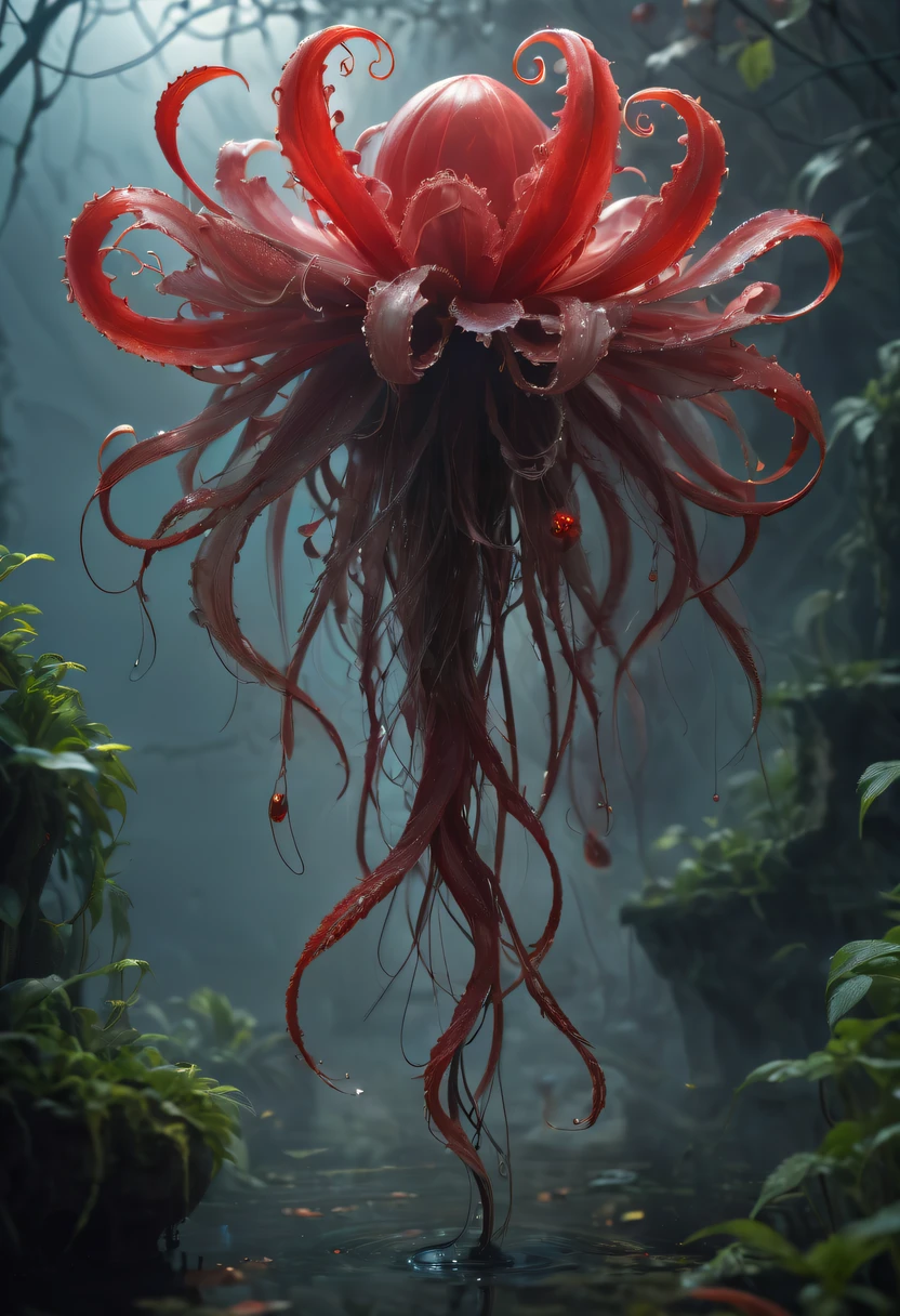 Magical plant from the abyss, the ghost flower, ghost flower,Blood-red tentacles stare at the dead,carismatic,Incredible,terror