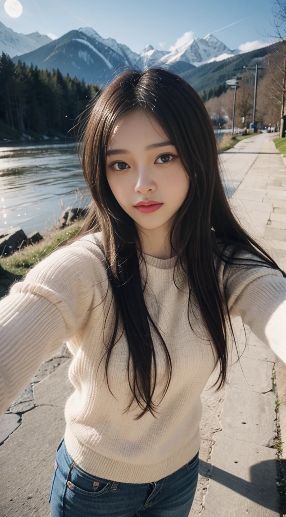 VeronicaCypher ((upper body selfie, happy)), Masterpiece, Top Quality, The ultra-detailliert, Solo, exteriors, (natta), mountains, Nature, (sao, the moon) cheerful, happy, glove, Sweaters, has, flashlight, woods, rock formations, rivers, wood, smoke, shadowy, contrast, clear skies, analog style (looking up at viewer:1.2) (skin texture) (film grain: 1.3), (warm hue, Warm tones): 1.2), close-up, Cinematic light, sidelit, The ultra-Highres, 조끼 shadowy, .raw, wearing pullover, Kodak Vision 3,