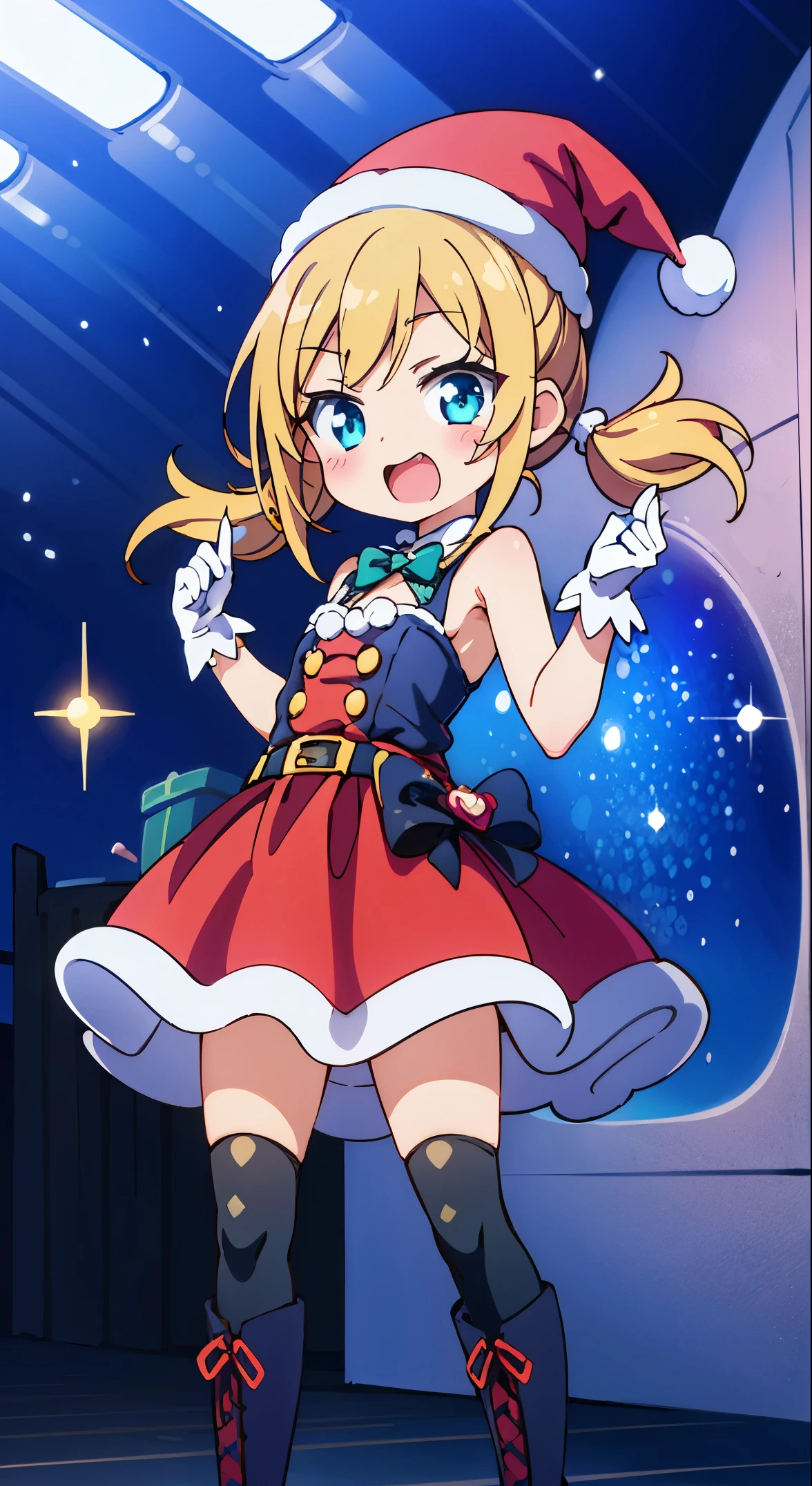 (masutepiece, Best Quality, Perfect Anatomy, High quality:1.4), nice hand, Perfect hands, Detailed beautiful hands, Large_filesize, fulcolor, hight resolution, symmetric, exceptional, Best aesthetic, newest, Anime, very beautiful detailed body,The hair,faces,The eye,BREAK,
1 beautiful girl(Kawaii type:1.5),(Chibi:0.5),(kawaii:2.0),(Lori:2.0),(7 year old girl),(Solo:1.65),BREAK, (flat chest:1.2,), Clear skin, Beautiful skin, Shy, One Beautiful Girl,Colossal tits(The hair bow, The reddish-brown hair, Twin-tailed:1.2), (Brown the eye, long eyelashes, Double eyelids: 1.2), BREAK, Star \(symbol\, (gloves, White Gloves:1.3), (bug, Dress,polka dot:1.3) , Looking at Viewer,(long boots:1.2),Shiny skin,Clear skin, Beautiful skin,(top quality faces),(The eye shines with the highest quality), (Smile:0.5),(Slim body:1.2), BREAK, (Red,Santa's Hat, santa dress,Idol,Mini skirt,Sleeveless:1.2),
BREAK,(plein air),
(Glitter,On a bright stage ,Warm lighting creates a magical atmosphere,Full body:1.1),Twinkle,Christmas tree,Posing,Center,depth of fields,
BREAK,wakame,wakame,wakame,(Cowboy Shot:1.4),
BREAK,(Blurry background:1.3),(absurderes, hight resolution, Super Detail Art),cel shading,Clear Color, Lonely optical effect, Beautiful pictures, Bright glow, mystic atmosphere,(Close-up of girl:1.1), Mystical light particle effect,manga influence, clean line drawings,