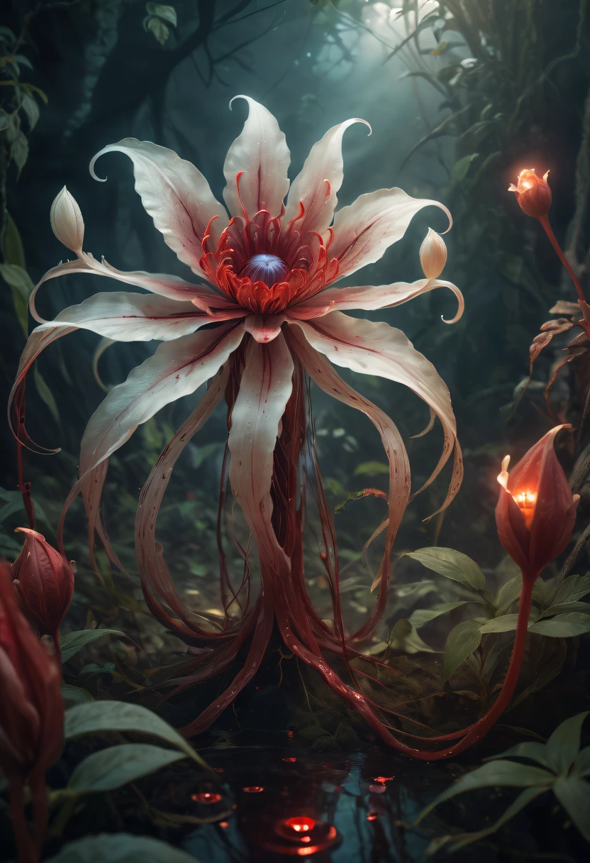 Magical plant from the abyss, the ghost flower, ghost flower,Blood-red tentacles stare at the dead，carismatic，Incredible，terror