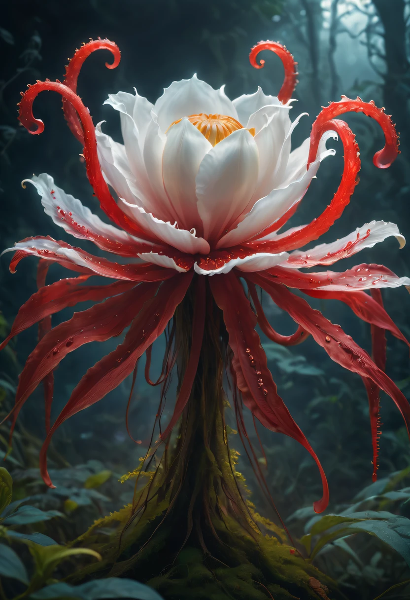 Magical plant from the abyss, the ghost flower, ghost flower,Blood-red tentacles stare at the dead，carismatic，Incredible，terror